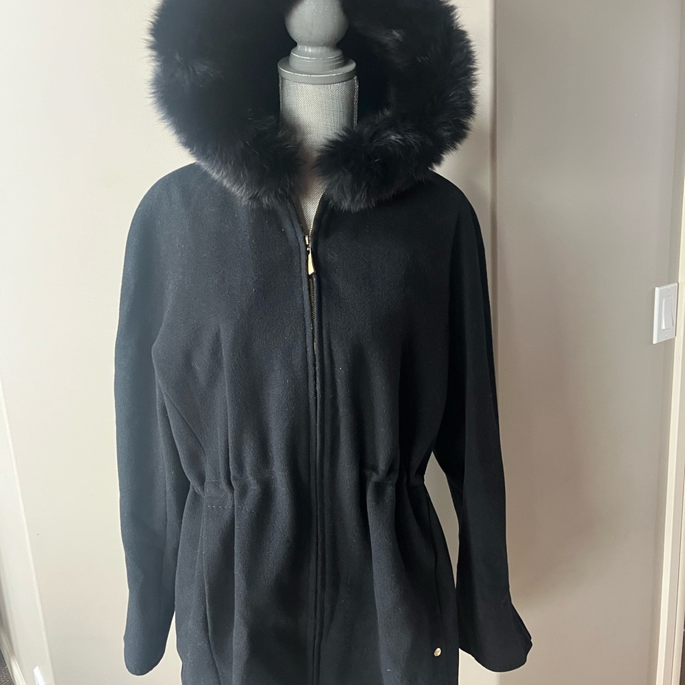 Ellen Tracy Black Fox-Fur trimmed Hooded Wool-blend coat